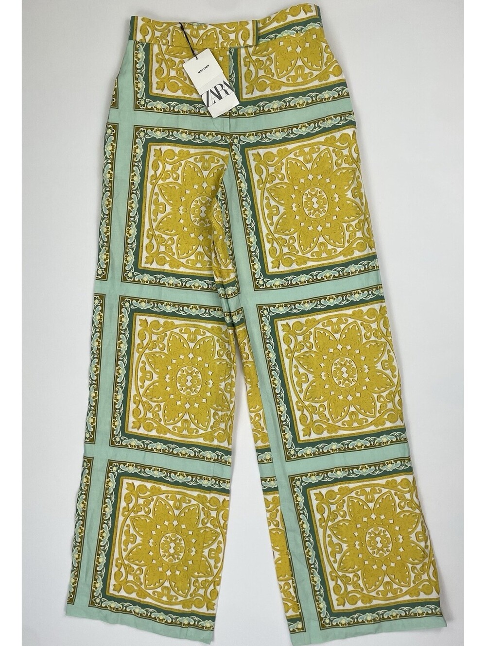 NWT ZARA Baroque Tile Scarf Print Linen Blend Wide Leg Pants Bloggers Fave XS